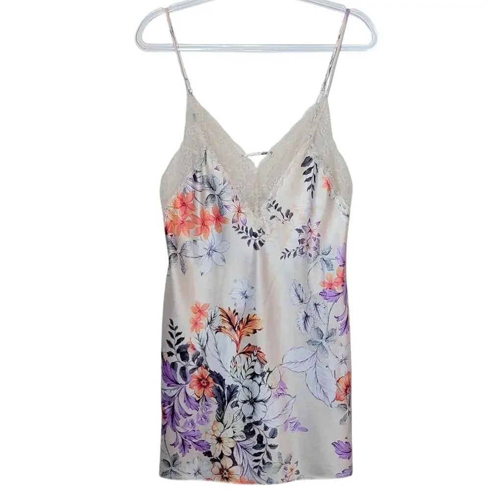 Linea Donatella Lace Floral Charmeuse Slip Nightie Mini Pink Peach M Romantic